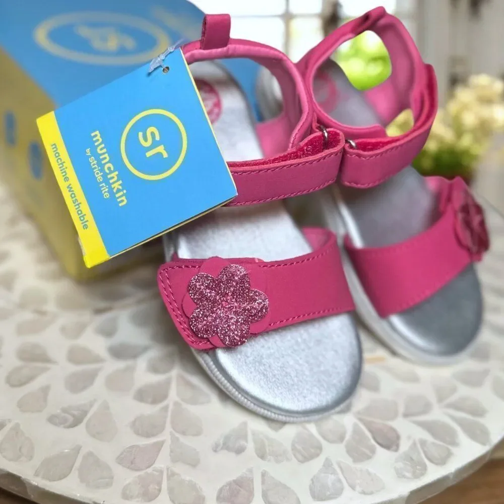 Stride Rite Jade Pink Glitter Flower Sandals Toddler Girls Size 9M EU 25